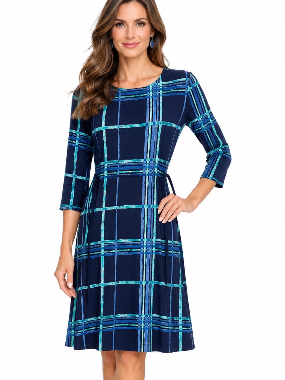 Forever 21 Navy Plaid Midi Dress with Teal & Light Blue Stripe